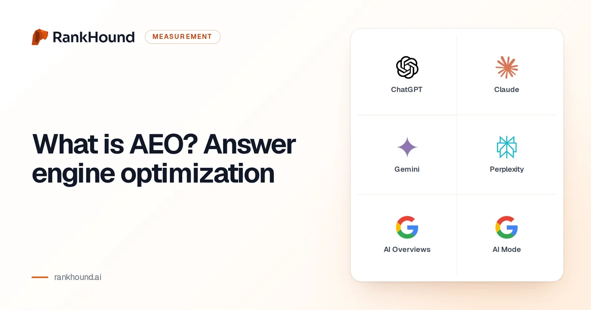 What is AEO? Answer engine optimization, set beside the logos of ChatGPT, Claude, Gemini, Perplexity and Google