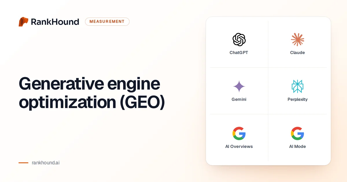 Generative engine optimization (GEO), set beside the logos of ChatGPT, Claude, Gemini, Perplexity and Google